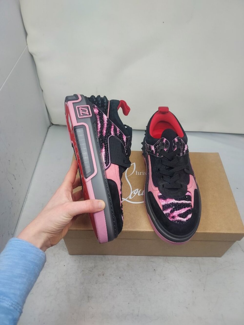 Christian Louboutin WOMENS Astroloubi Black Pink Strass Quagga Sneaker